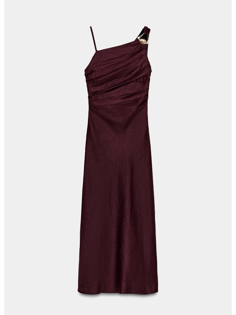 Zara One-Shoulder Wine Red Evening Gown with Gold Accent| Never Worn Sold out!